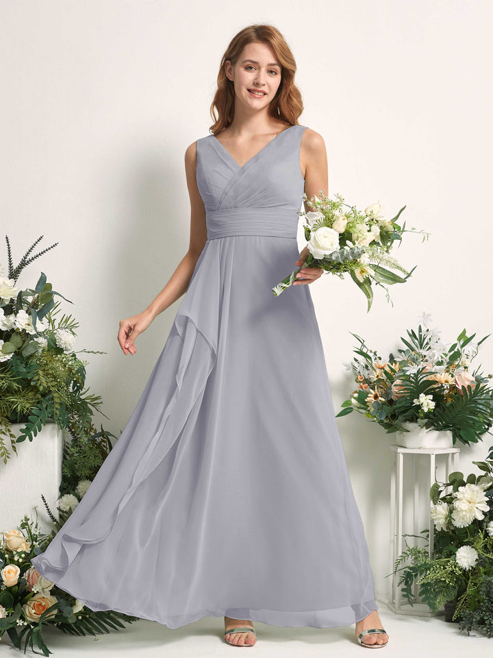 Bridesmaid Dress A-line Chiffon V-neck Full Length Sleeveless Wedding Party Dress - Dusty Lavender (81227103)