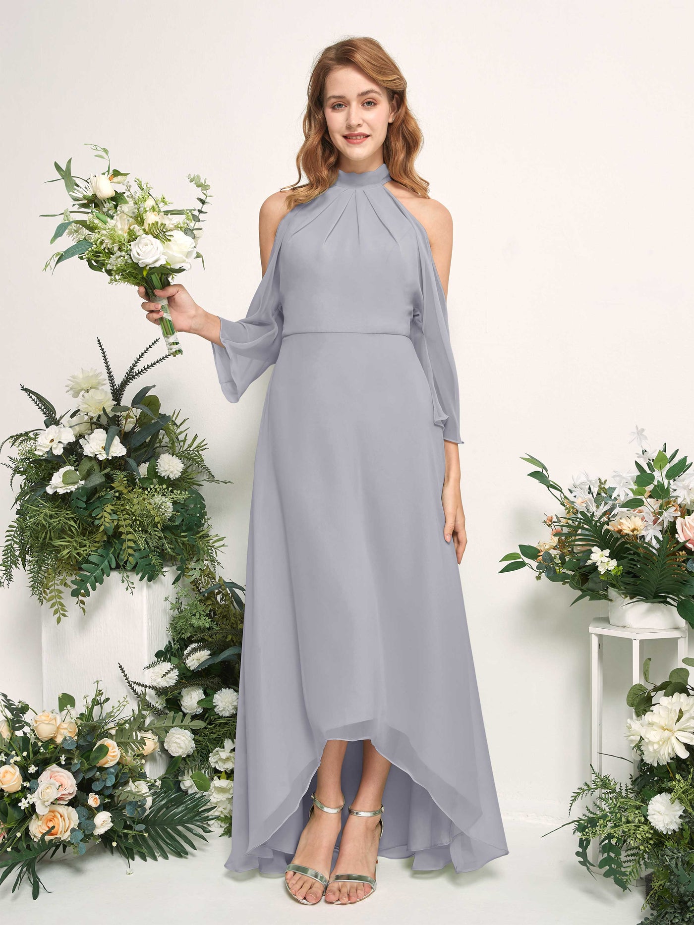 Bridesmaid Dress A-line Chiffon Halter High Low 3/4 Sleeves Wedding Party Dress - Dusty Lavender (81227603)#color_dusty-lavender