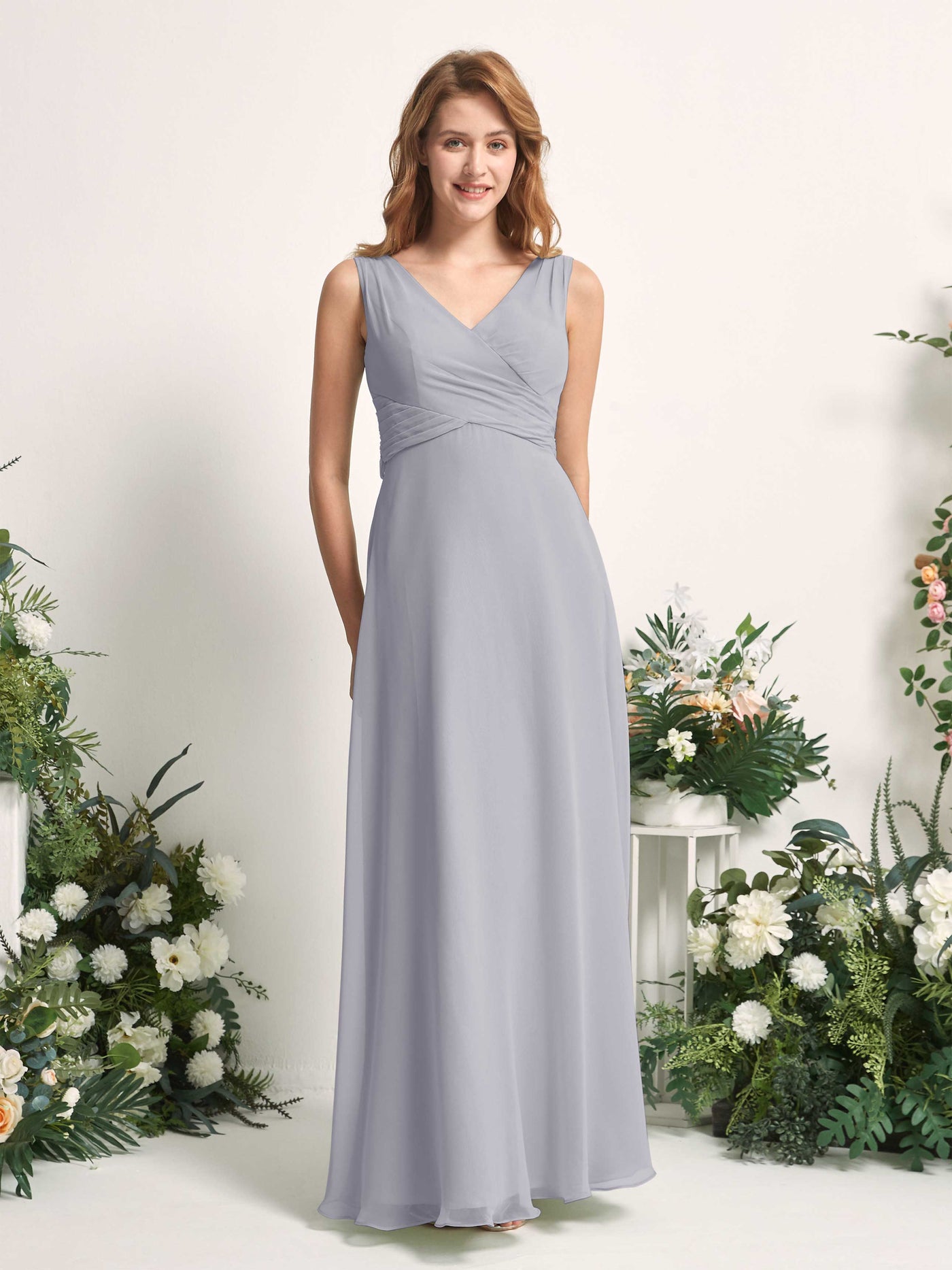 Bridesmaid Dress A-line Chiffon Straps Full Length Sleeveless Wedding Party Dress - Dusty Lavender (81227303)#color_dusty-lavender