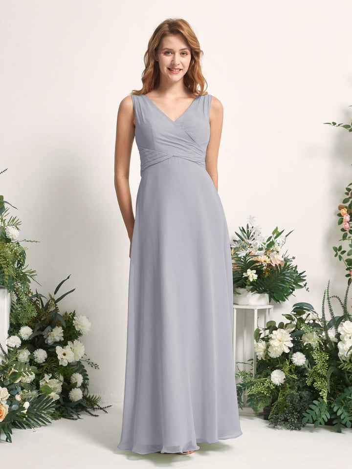 Bridesmaid Dress A-line Chiffon Straps Full Length Sleeveless Wedding Party Dress - Dusty Lavender (81227303)