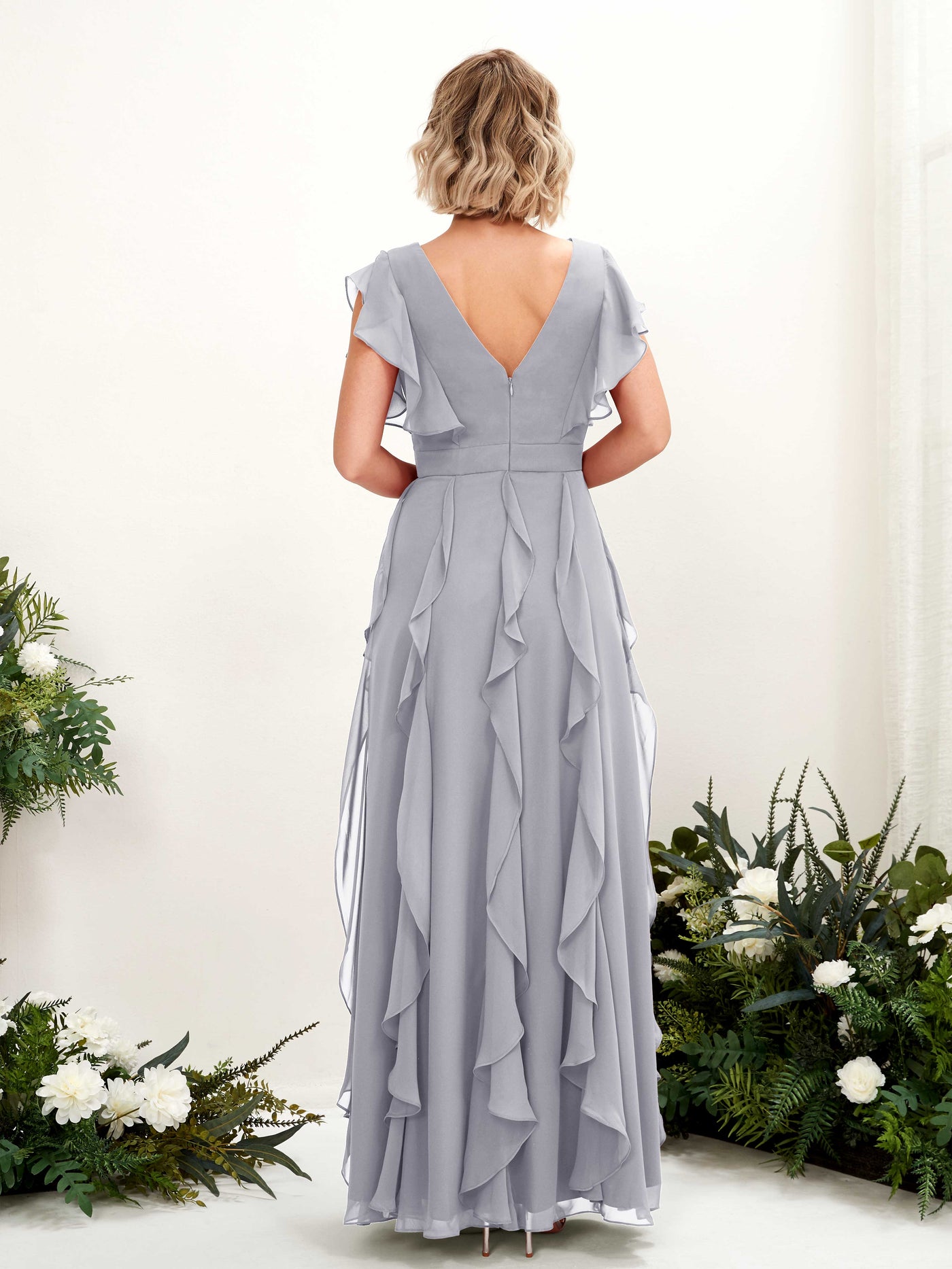 A-line Open back V-neck Short Sleeves Chiffon Bridesmaid Dress - Dusty Lavender (81226003)#color_dusty-lavender