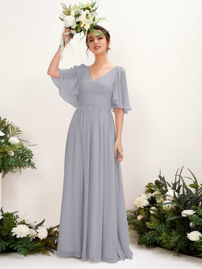 Carlyna Odette A-Line Dusty Lavender Bridesmaid Dress Maxi Short Sleeve V-Neck Dress Front View #color_dusty-lavender