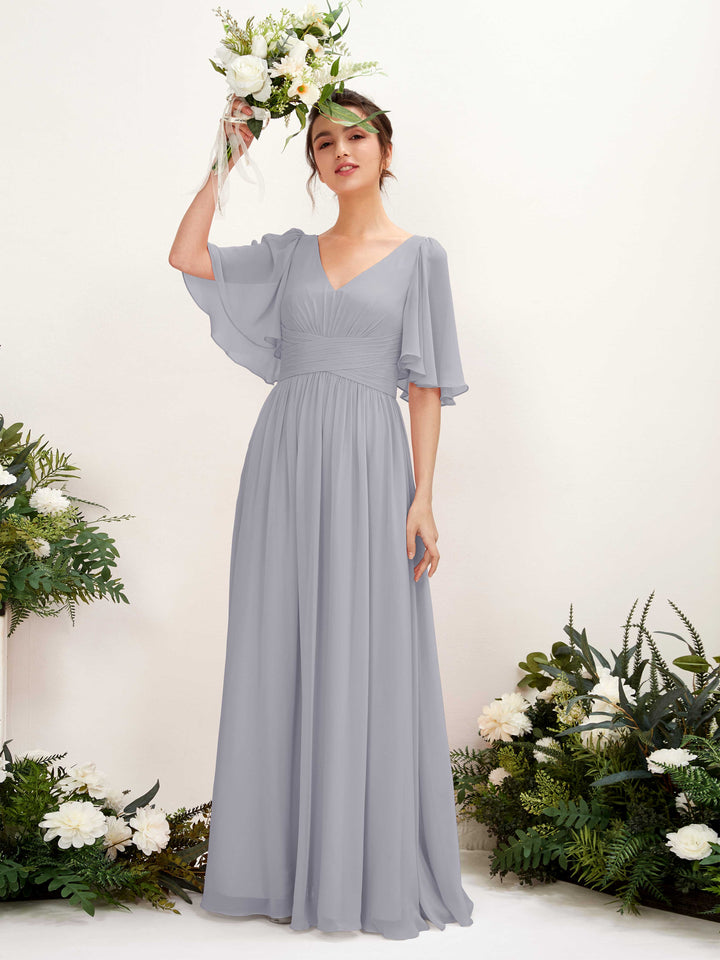 Dusty Lavender Bridesmaid Dresses Bridesmaid Dress A-line Chiffon V-neck Full Length 1/2 Sleeves Wedding Party Dress (81221603)