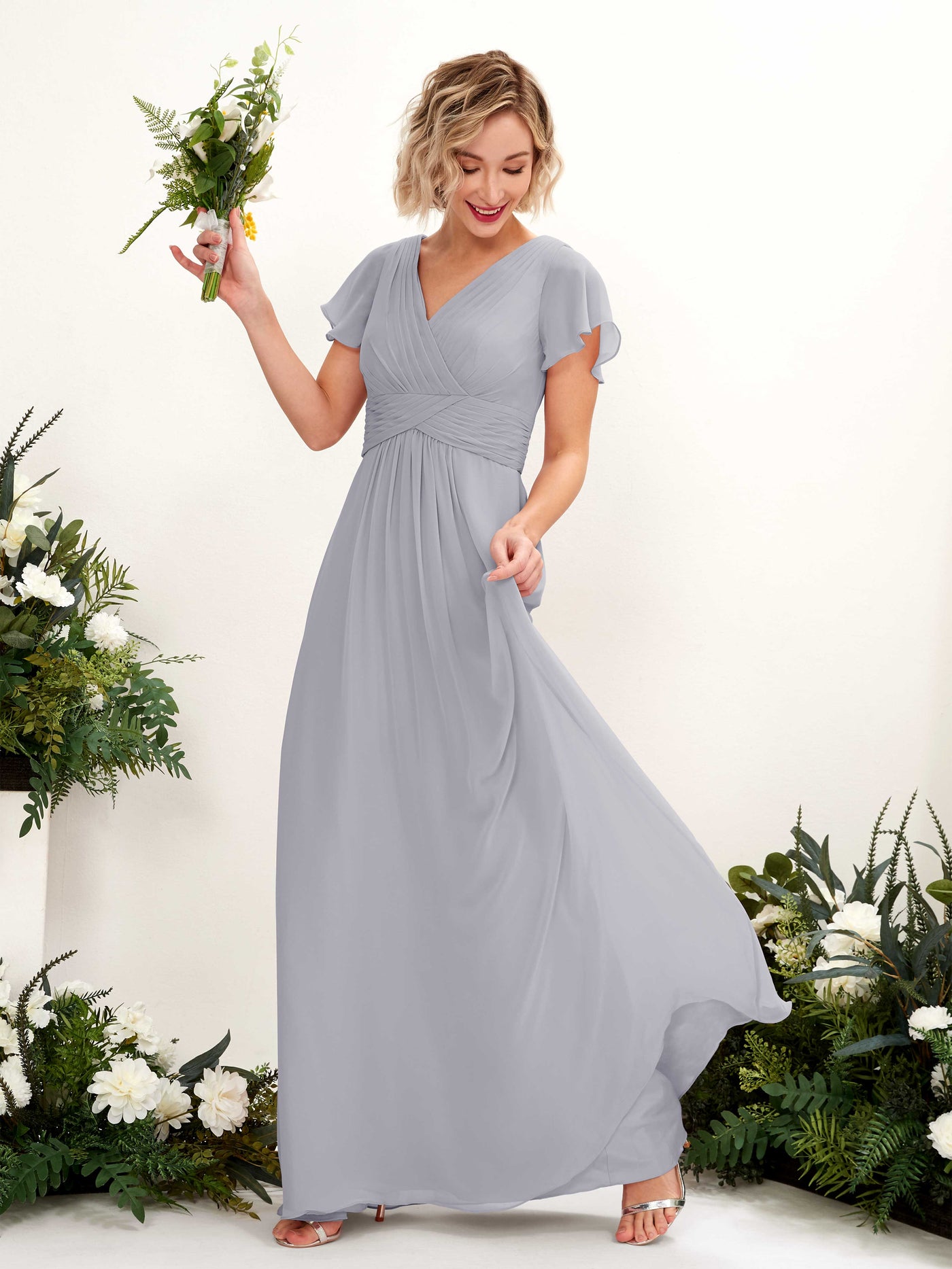 Dusty Lavender Bridesmaid Dresses Bridesmaid Dress A-line Chiffon V-neck Full Length Short Sleeves Wedding Party Dress (81224303)#color_dusty-lavender
