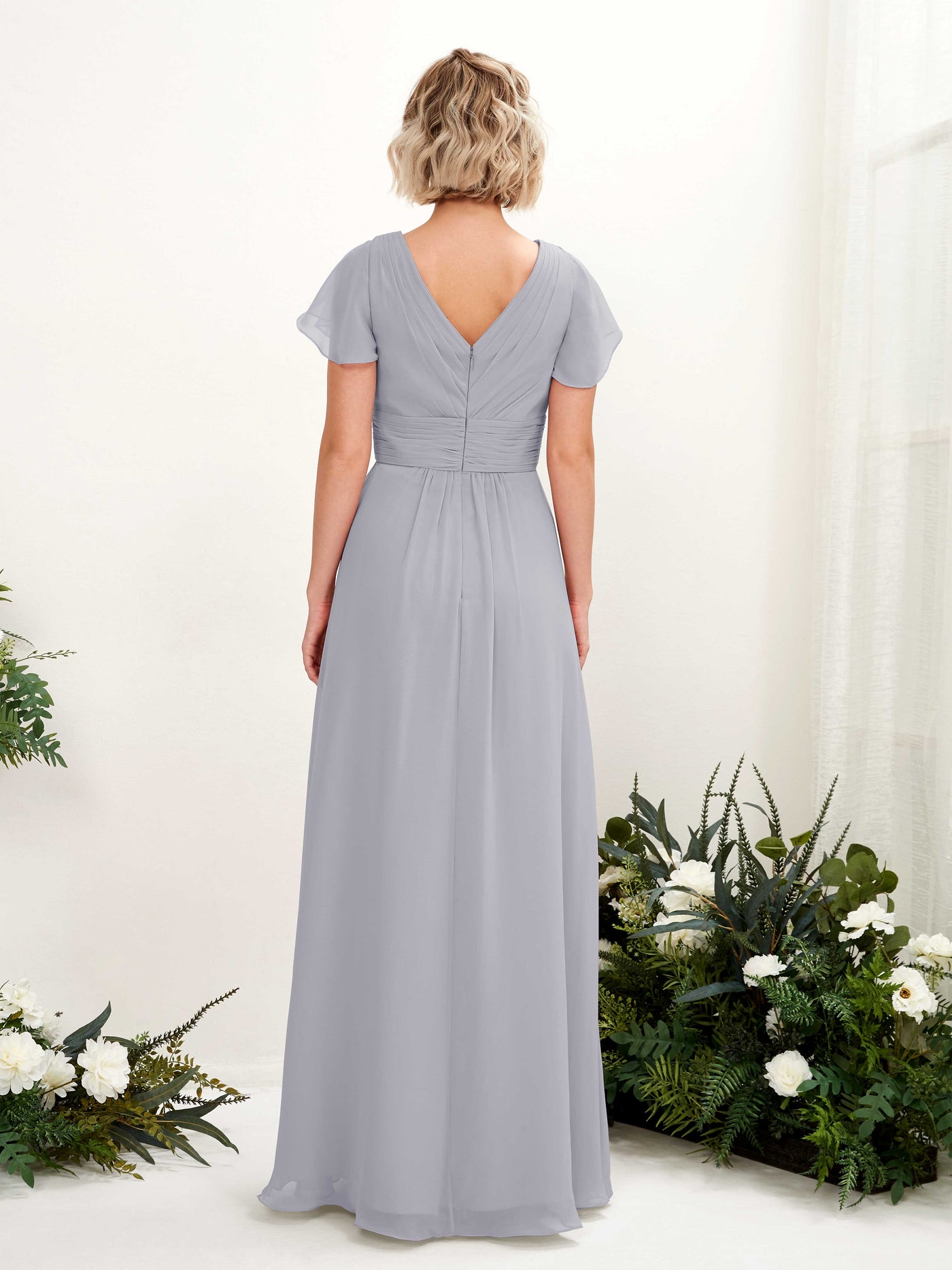 Dusty Lavender Bridesmaid Dresses Bridesmaid Dress A-line Chiffon V-neck Full Length Short Sleeves Wedding Party Dress (81224303)#color_dusty-lavender