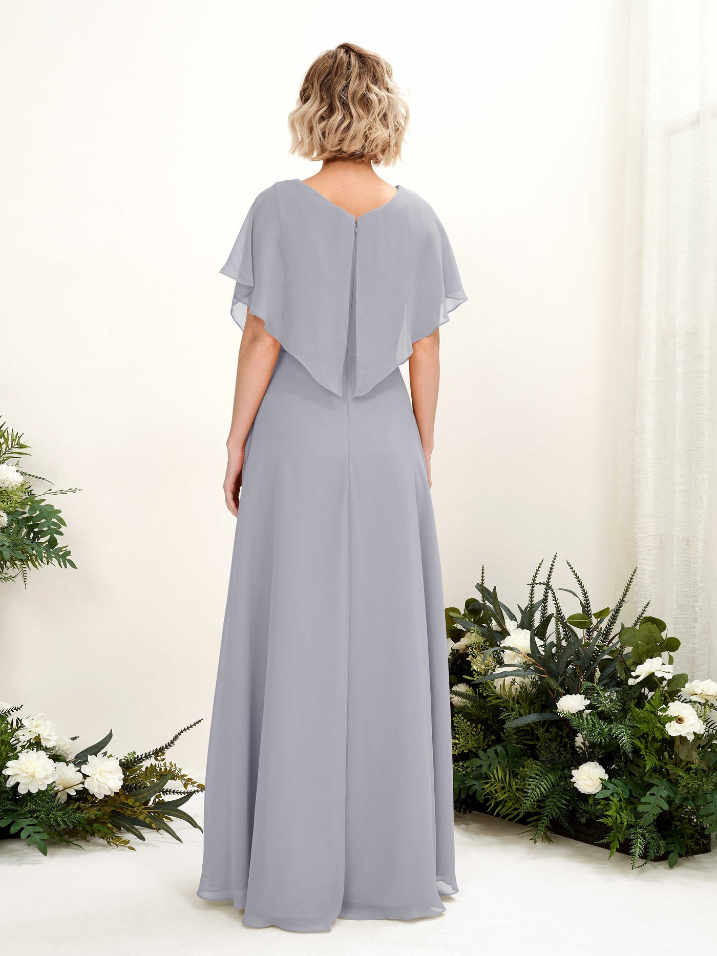 Dusty Lavender Bridesmaid Dresses Bridesmaid Dress A-line Chiffon V-neck Full Length Short Sleeves Wedding Party Dress (81222103)#color_dusty-lavender
