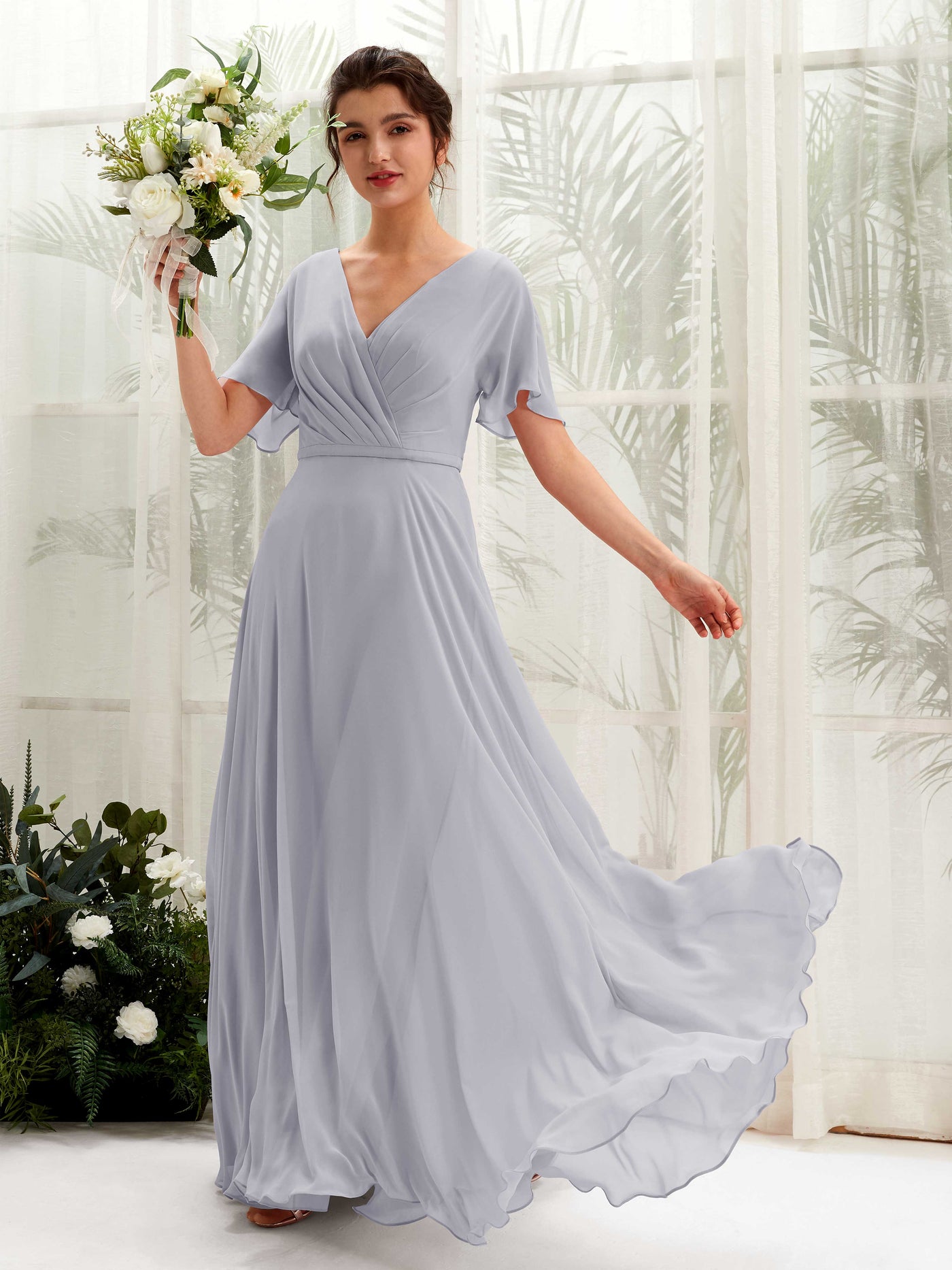 Dusty Lavender Bridesmaid Dresses Bridesmaid Dress A-line Chiffon V-neck Full Length Short Sleeves Wedding Party Dress (81224603)#color_dusty-lavender