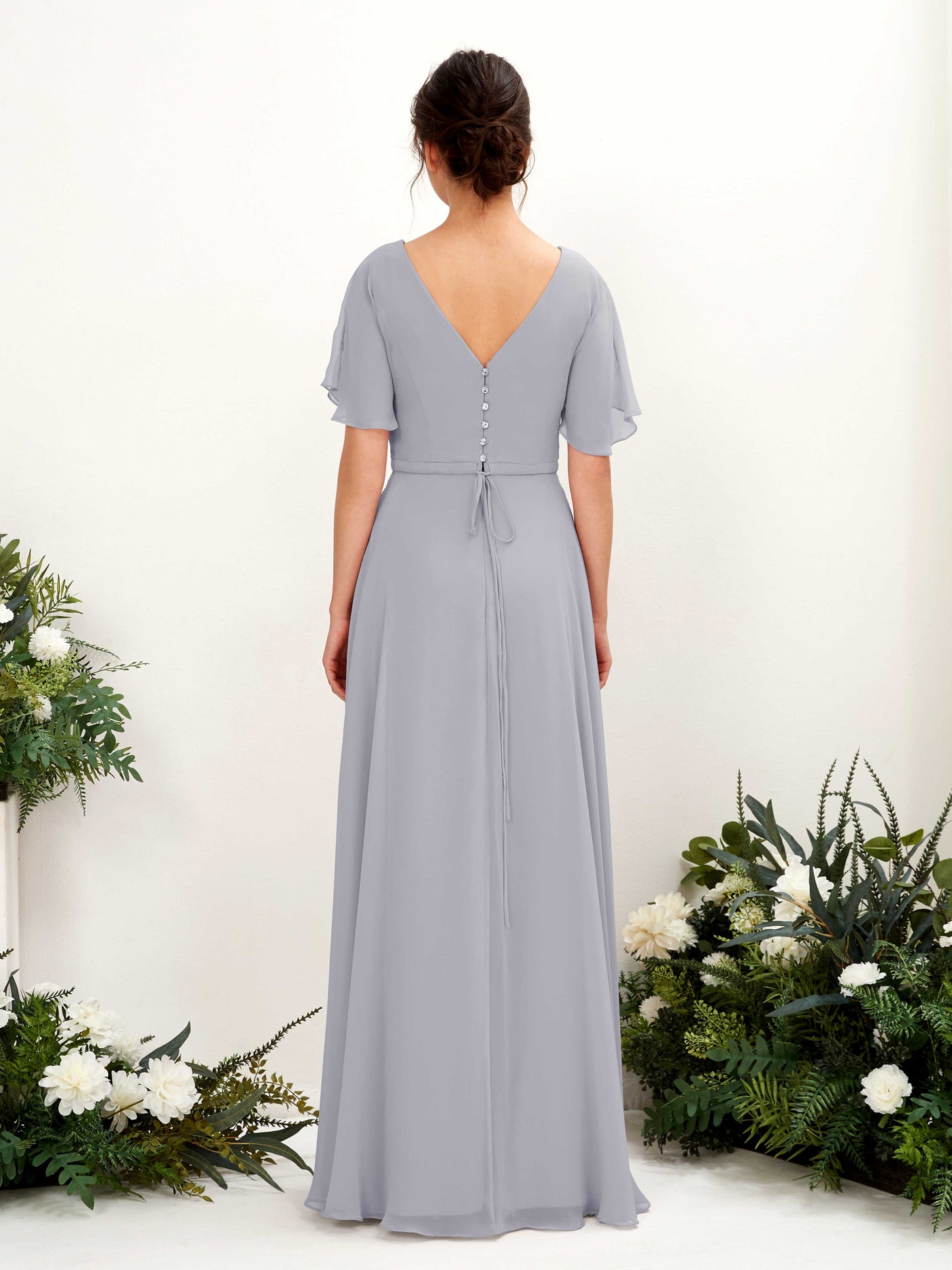 Dusty Lavender Bridesmaid Dresses Bridesmaid Dress A-line Chiffon V-neck Full Length Short Sleeves Wedding Party Dress (81224603)#color_dusty-lavender