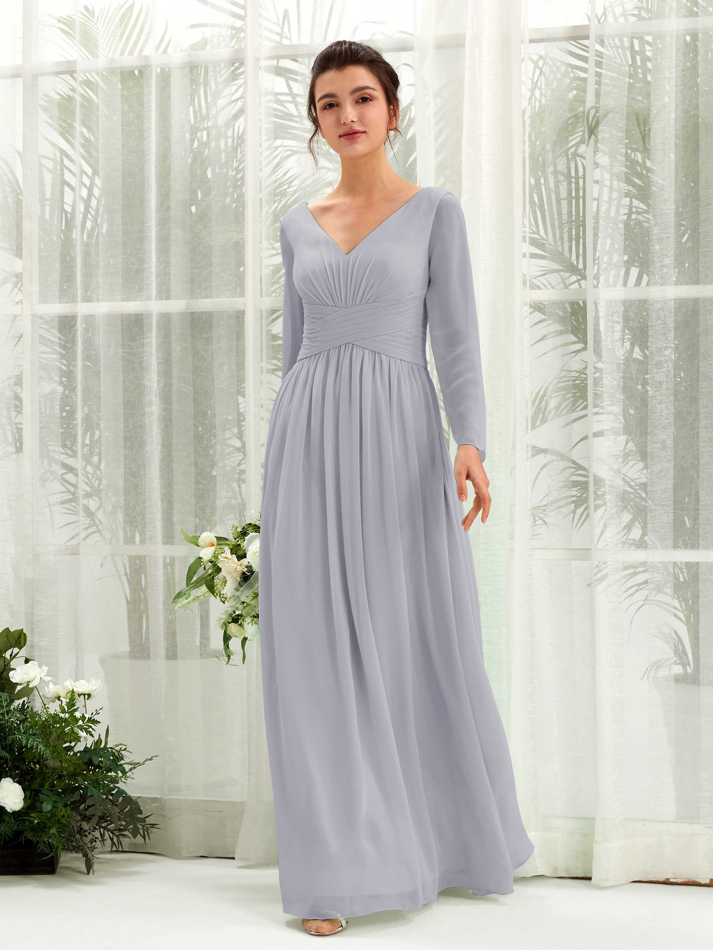Dusty Lavender Bridesmaid Dresses Bridesmaid Dress A-line Chiffon V-neck Full Length Long Sleeves Wedding Party Dress (81220303)#color_dusty-lavender