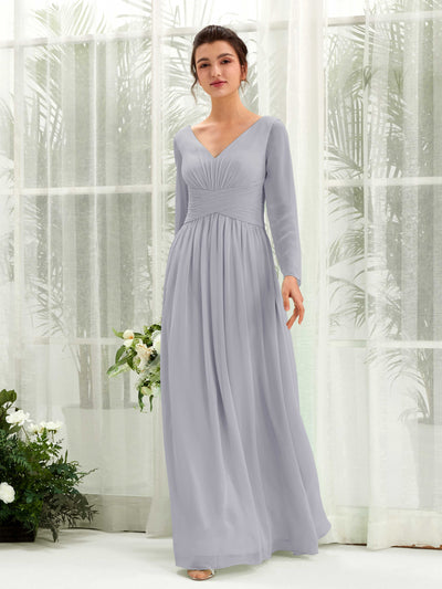 Carlyna Coline A-Line Dusty Lavender Bridesmaid Dress Maxi Long Sleeve V-Neck Front View #color_dusty-lavender