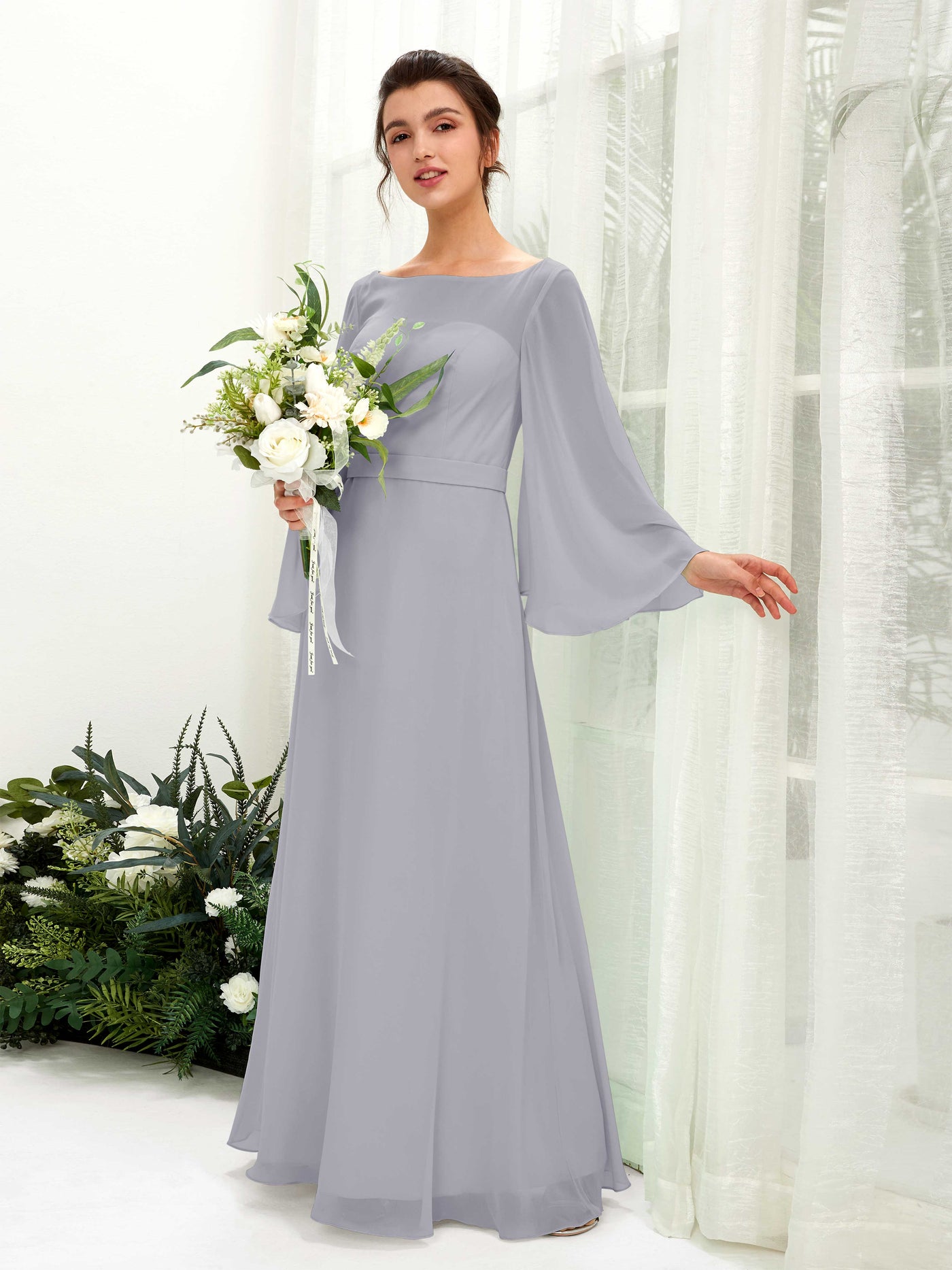 Dusty Lavender Bridesmaid Dresses Bridesmaid Dress A-line Chiffon Bateau Full Length Long Sleeves Wedding Party Dress (81220503)#color_dusty-lavender