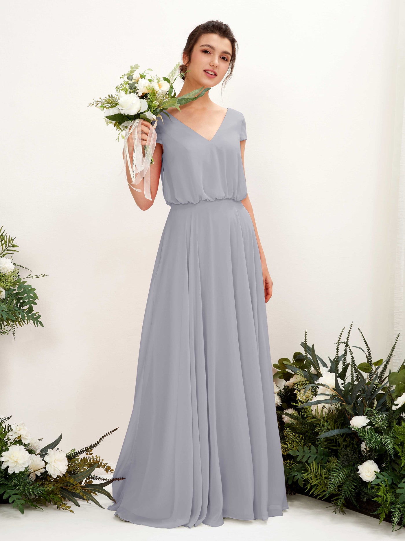 Dusty Lavender Bridesmaid Dresses Bridesmaid Dress A-line Chiffon V-neck Full Length Short Sleeves Wedding Party Dress (81221803)#color_dusty-lavender