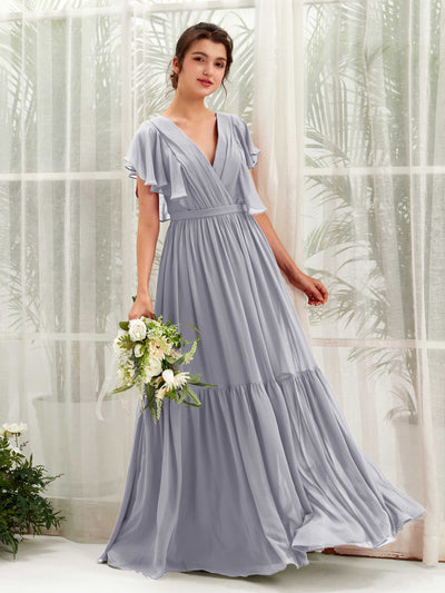 Carlyna Chaya A-Line Dusty Lavender Bridesmaid Dress Maxi Cap Sleeve V-Neck Dress Front View #color_dusty-lavender