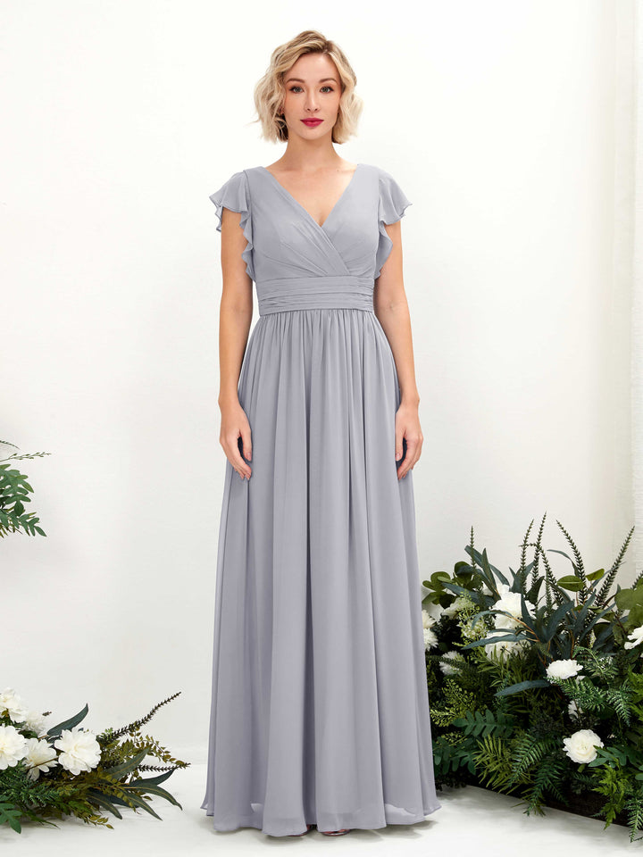 Dusty Lavender Bridesmaid Dresses Bridesmaid Dress A-line Chiffon V-neck Full Length Short Sleeves Wedding Party Dress (81222703)