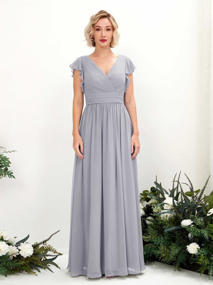 Silver Chiffon V-Neck Bridesmaid Dress A-Line Floor-Length