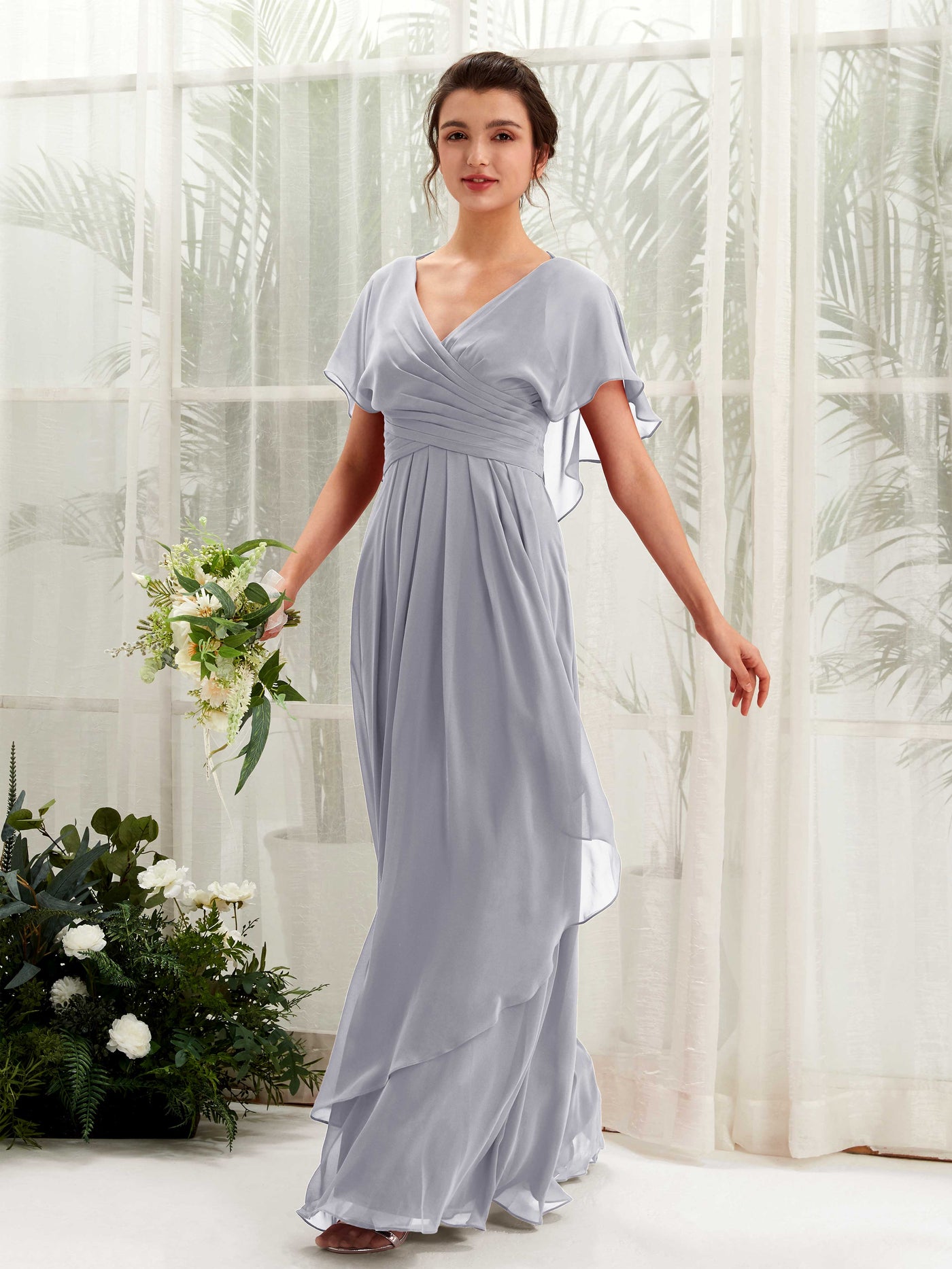 Open back V-neck Short Sleeves Chiffon Bridesmaid Dress - Dusty Lavender (81226103)#color_dusty-lavender