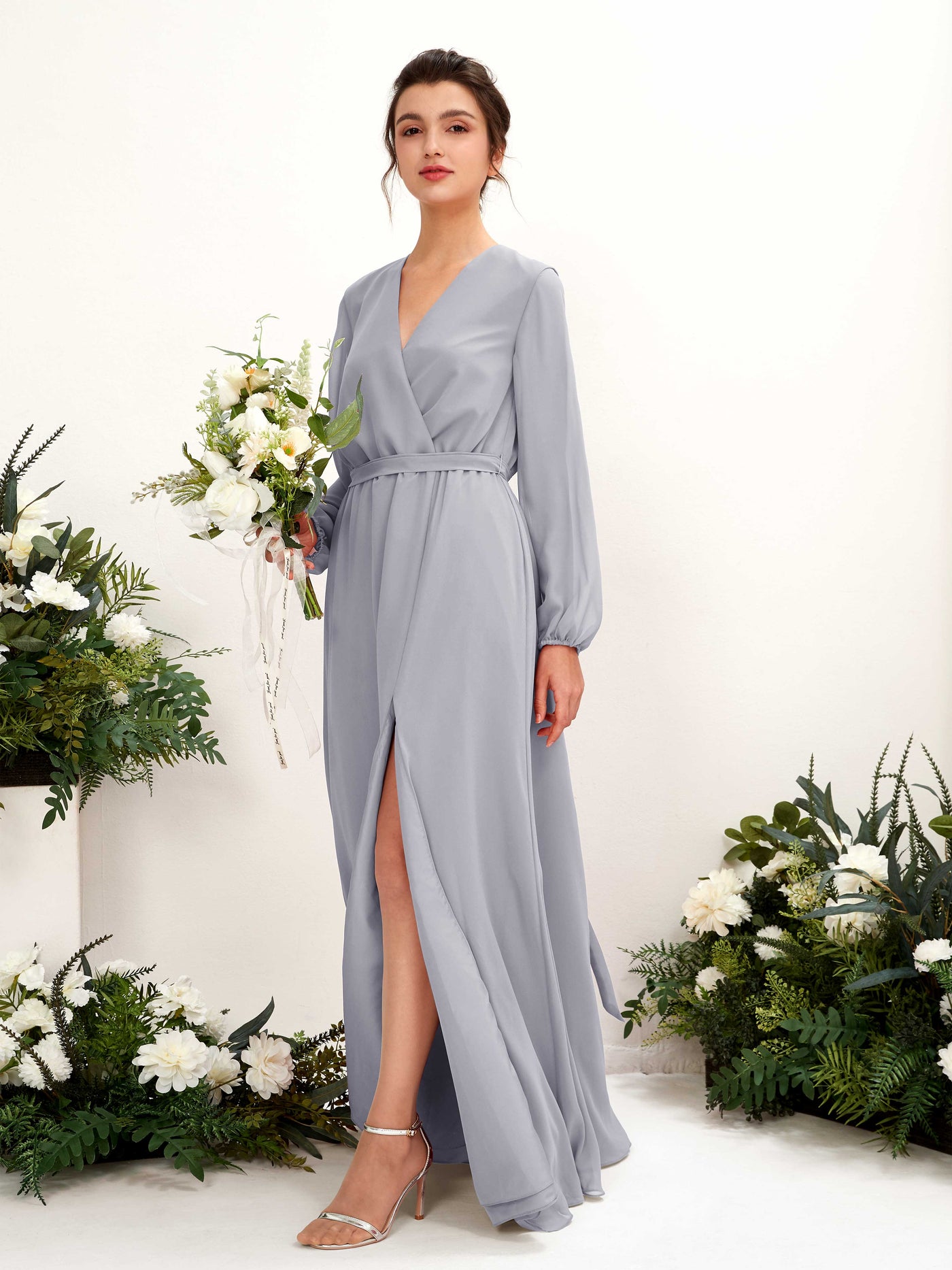 Dusty Lavender Bridesmaid Dresses Bridesmaid Dress A-line Chiffon V-neck Full Length Long Sleeves Wedding Party Dress (81223203)#color_dusty-lavender