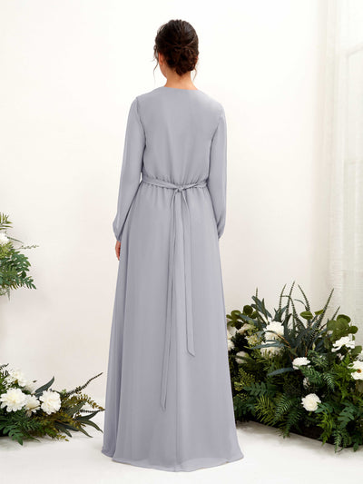 Carlyna Elsie A-Line Dusty Lavender Bridesmaid Dress Maxi Long Sleeve V-Neck Back View #color_dusty-lavender