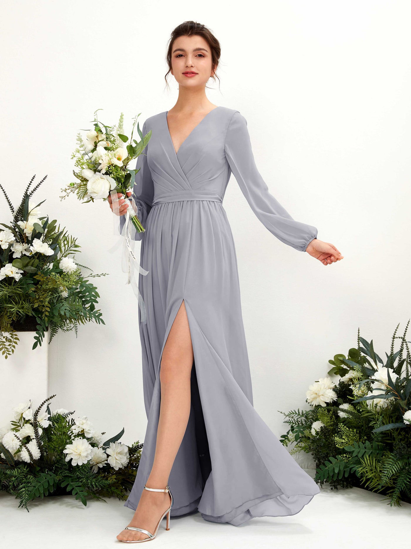 Dusty Lavender Bridesmaid Dresses Bridesmaid Dress A-line Chiffon V-neck Full Length Long Sleeves Wedding Party Dress (81223803)#color_dusty-lavender