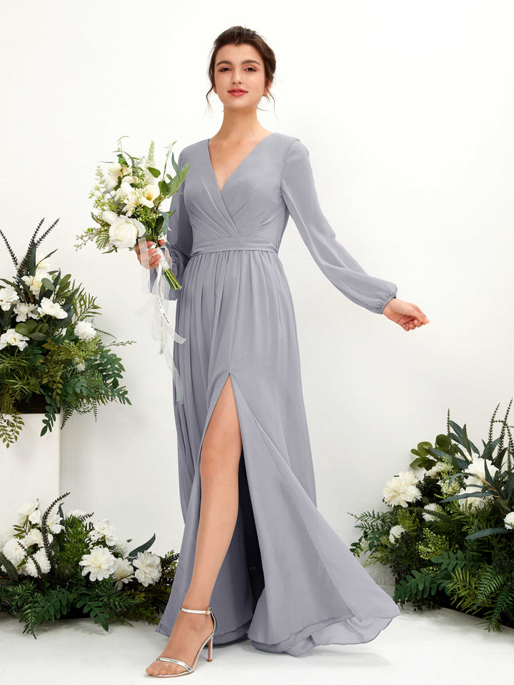 Dusty Lavender Bridesmaid Dresses Bridesmaid Dress A-line Chiffon V-neck Full Length Long Sleeves Wedding Party Dress (81223803)