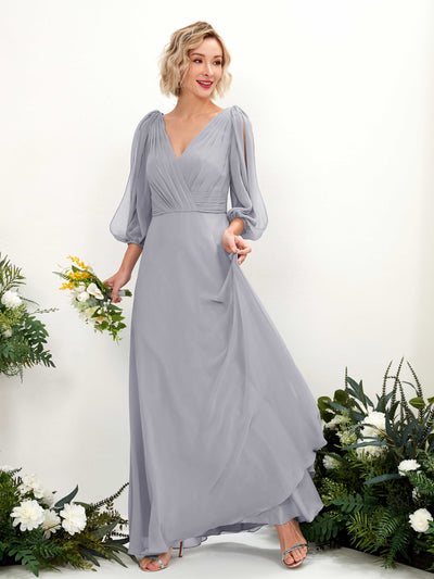 Carlyna Antonia A-Line Dusty Lavender Bridesmaid Dress Maxi Three Quarter Sleeve V-Neck Dress Front View #color_dusty-lavender