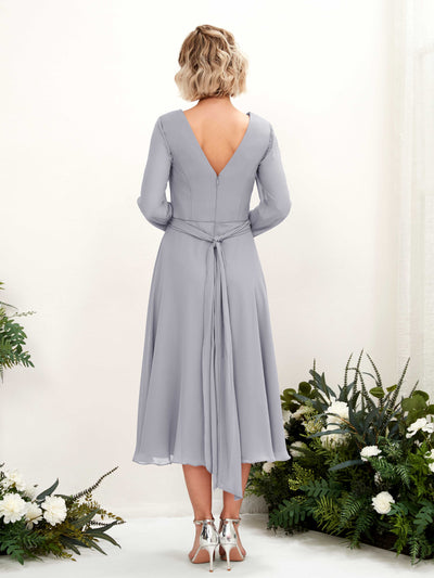 Carlyna Joanna A-Line Dusty Lavender Bridesmaid Dress Midi Long Sleeve V-Neck Back View #color_dusty-lavender