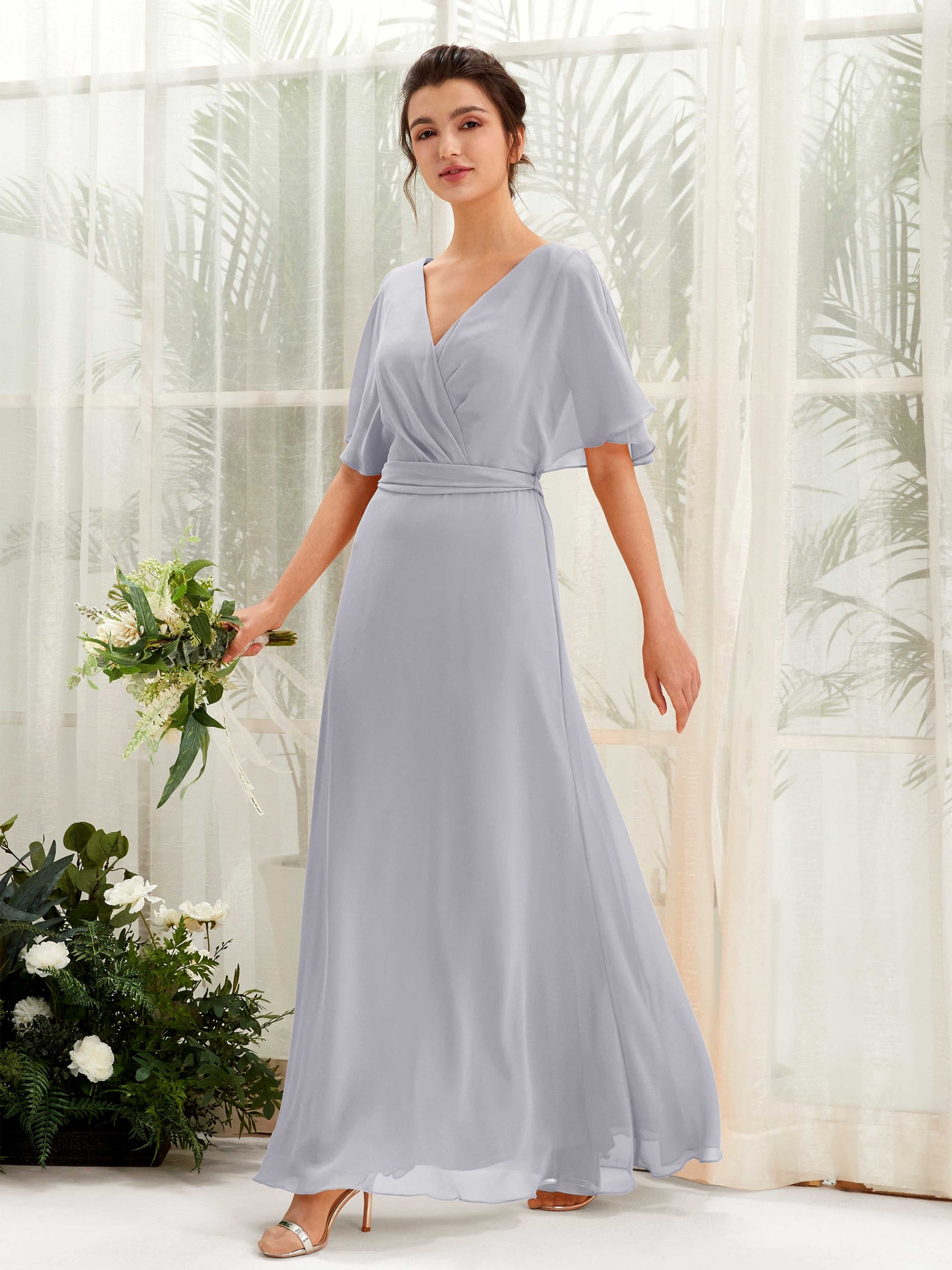Dusty Lavender Bridesmaid Dresses Bridesmaid Dress A-line Chiffon V-neck Full Length Short Sleeves Wedding Party Dress (81222403)#color_dusty-lavender