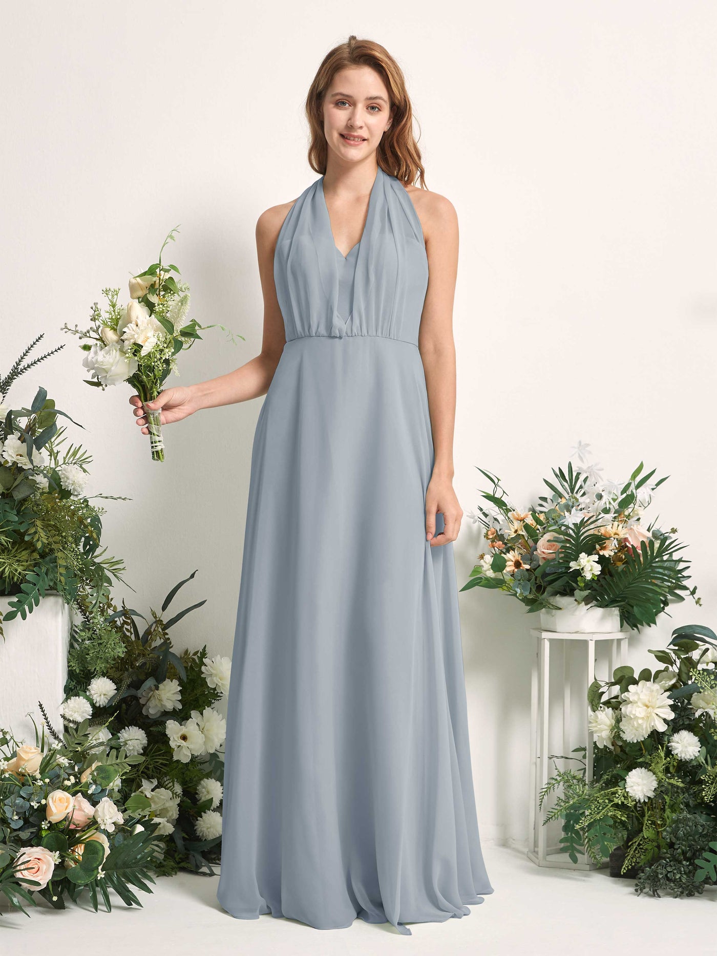 Dusty Blue-Upgrade Bridesmaid Dresses Bridesmaid Dress A-line Chiffon Halter Full Length Short Sleeves Wedding Party Dress (81226304)#color_dusty-blue-upgrade