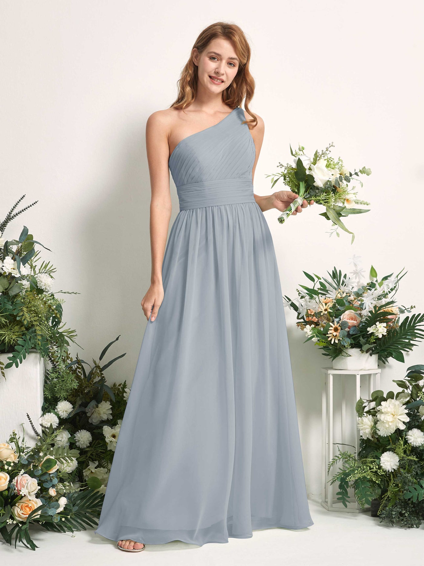 Bridesmaid Dress A-line Chiffon One Shoulder Full Length Sleeveless Wedding Party Dress - Dusty Blue-Upgrade (81226704)#color_dusty-blue-upgrade