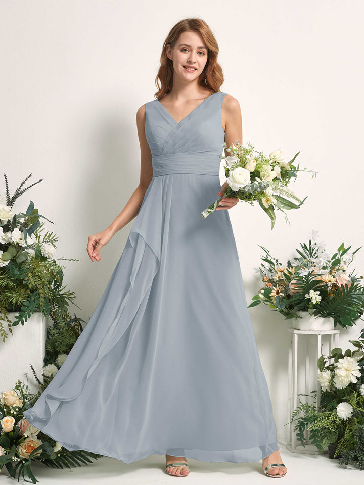 Bridesmaid Dress A-line Chiffon V-neck Full Length Sleeveless Wedding Party Dress - Dusty Blue-Upgrade (81227104)