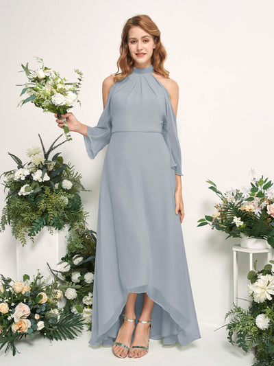Bridesmaid Dress A-line Chiffon Halter High Low 3/4 Sleeves Wedding Party Dress - Dusty Blue-Upgrade (81227604)#color_dusty-blue-upgrade