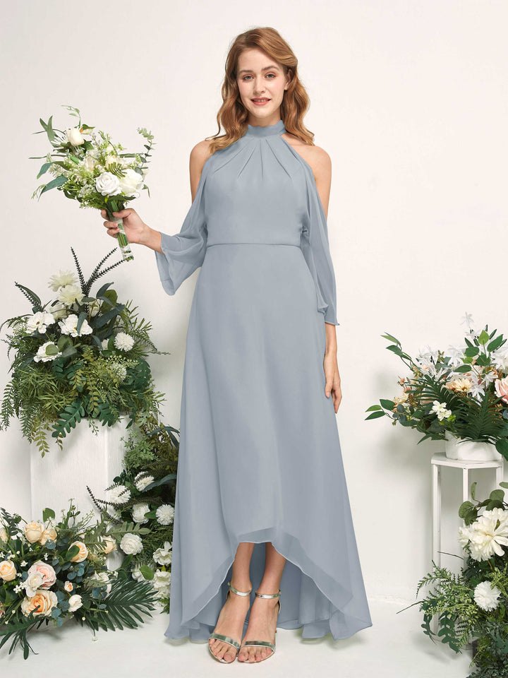 Bridesmaid Dress A-line Chiffon Halter High Low 3/4 Sleeves Wedding Party Dress - Dusty Blue-Upgrade (81227604)