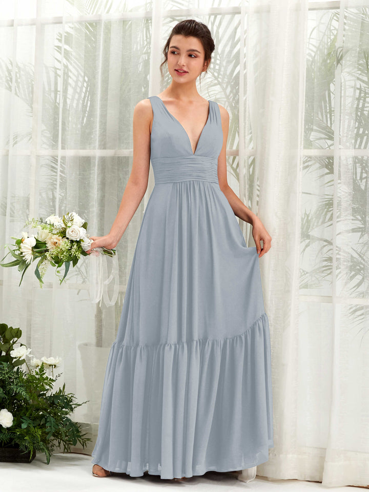 Dusty Blue-Upgrade Bridesmaid Dresses Bridesmaid Dress A-line Chiffon Straps Full Length Sleeveless Wedding Party Dress (80223704)