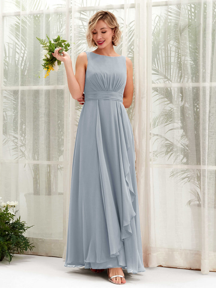 Dusty Blue-Upgrade Bridesmaid Dresses Bridesmaid Dress A-line Chiffon Bateau Full Length Sleeveless Wedding Party Dress (81225804)