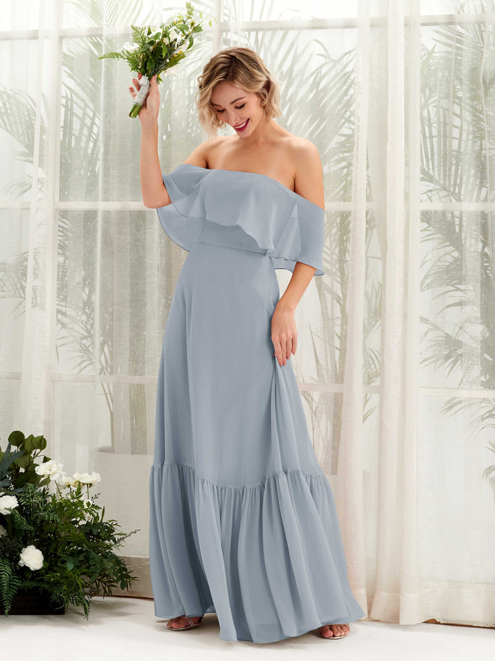 Dusty Blue-Upgrade Bridesmaid Dresses Bridesmaid Dress A-line Chiffon Off Shoulder Full Length Sleeveless Wedding Party Dress (81224504)