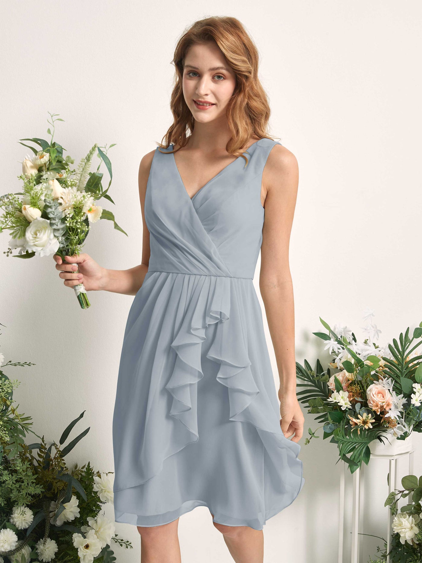 Bridesmaid Dress A-line Chiffon Straps Knee Length Sleeveless Wedding Party Dress - Dusty Blue-Upgrade (81226604)#color_dusty-blue-upgrade