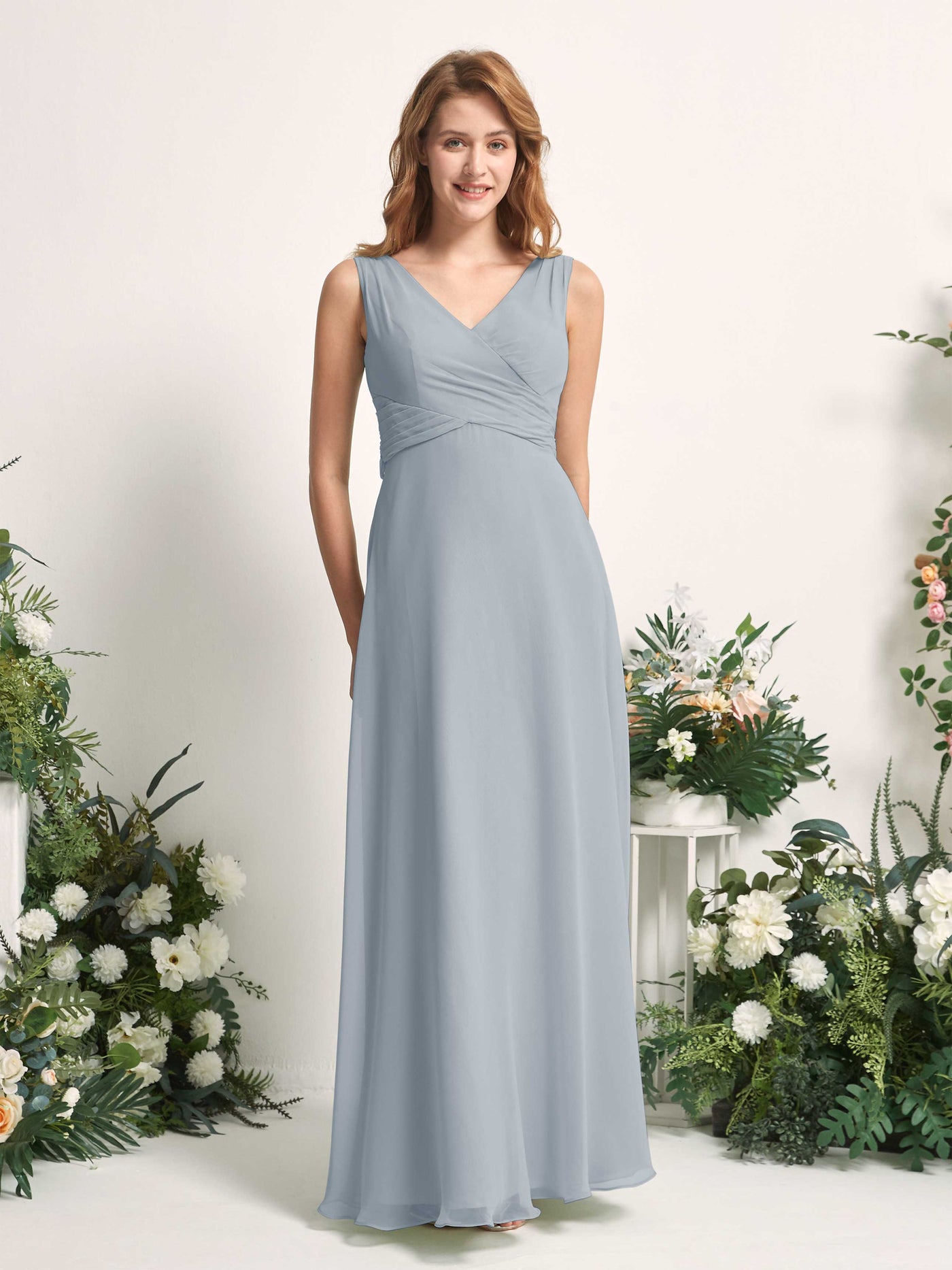 Bridesmaid Dress A-line Chiffon Straps Full Length Sleeveless Wedding Party Dress - Dusty Blue-Upgrade (81227304)#color_dusty-blue-upgrade