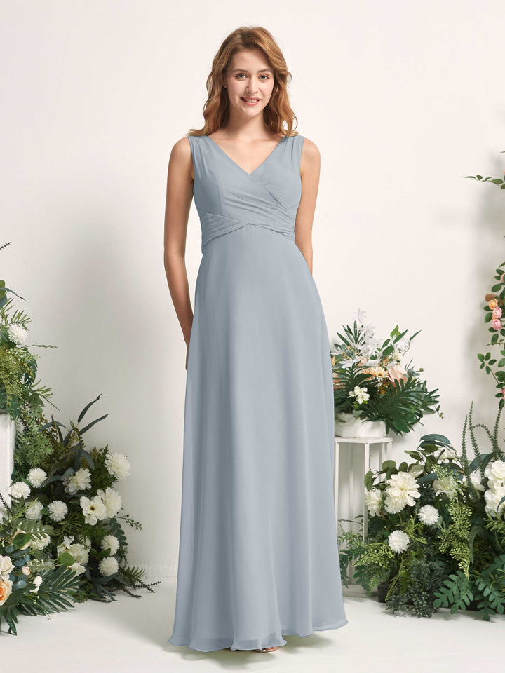 Bridesmaid Dress A-line Chiffon Straps Full Length Sleeveless Wedding Party Dress - Dusty Blue-Upgrade (81227304)