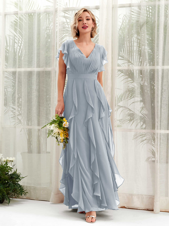 A-line Open back V-neck Short Sleeves Chiffon Bridesmaid Dress - Dusty Blue-Upgrade (81226004)