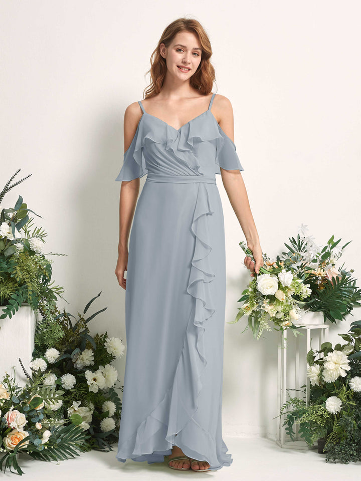 Bridesmaid Dress A-line Chiffon Spaghetti-straps Full Length Sleeveless Wedding Party Dress - Dusty Blue-Upgrade (81227404)
