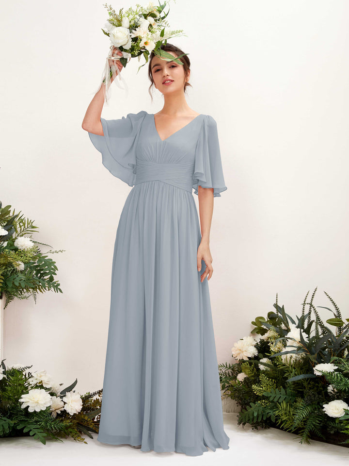 Dusty Blue-Upgrade Bridesmaid Dresses Bridesmaid Dress A-line Chiffon V-neck Full Length 1/2 Sleeves Wedding Party Dress (81221604)