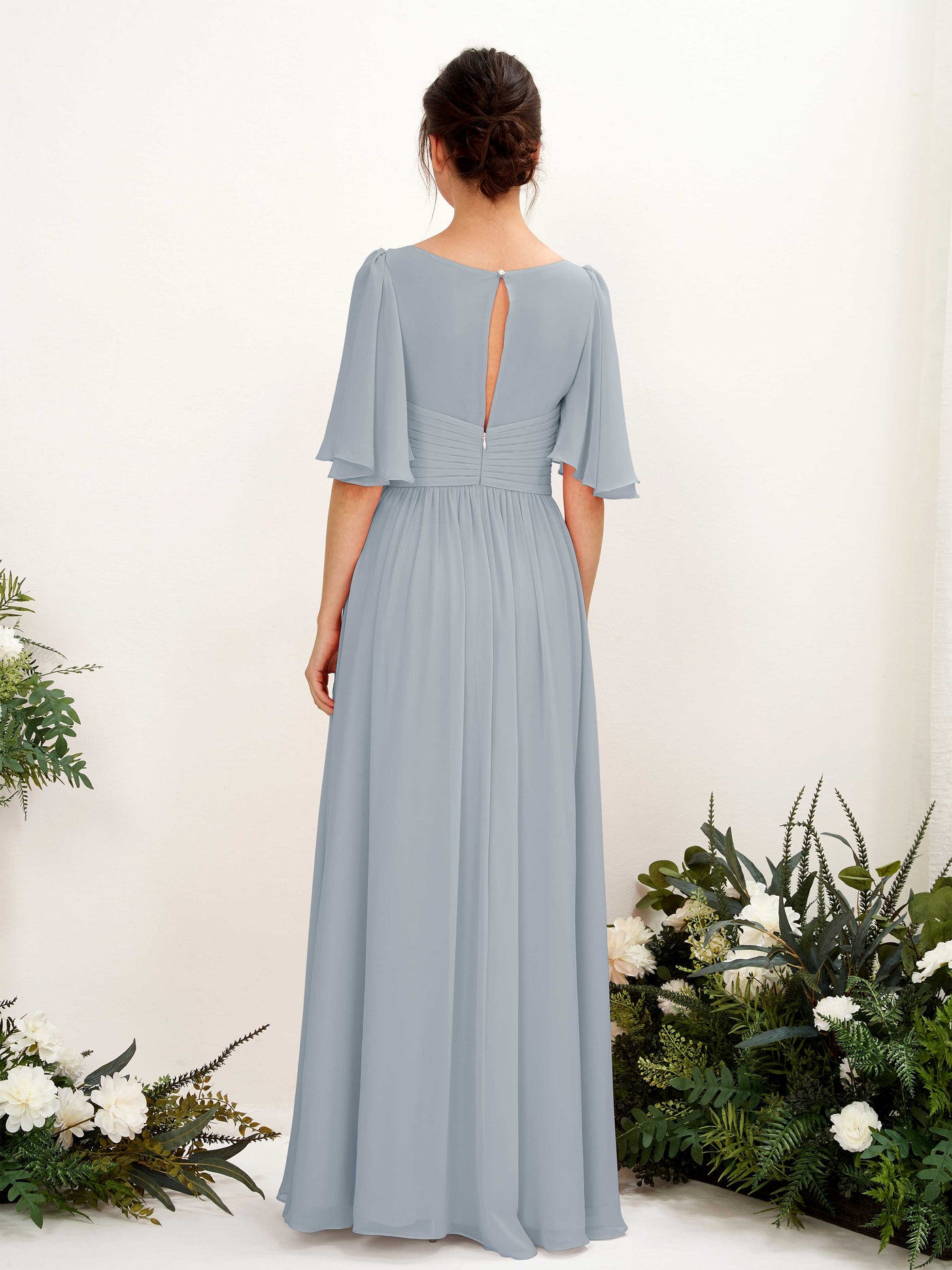 Dusty Blue-Upgrade Bridesmaid Dresses Bridesmaid Dress A-line Chiffon V-neck Full Length 1/2 Sleeves Wedding Party Dress (81221604)#color_dusty-blue-upgrade