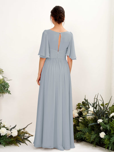 Carlyna Odette A-Line Dusty Blue-Upgrade Bridesmaid Dress Maxi Short Sleeve V-Neck Dress Back View #color_dusty-blue-upgrade