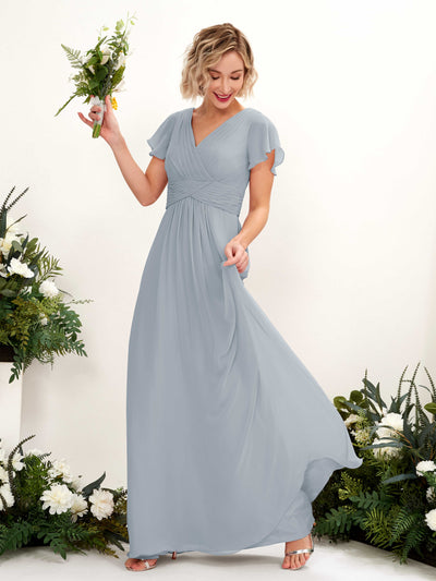 Dusty Blue-Upgrade Bridesmaid Dresses Bridesmaid Dress A-line Chiffon V-neck Full Length Short Sleeves Wedding Party Dress (81224304)#color_dusty-blue-upgrade
