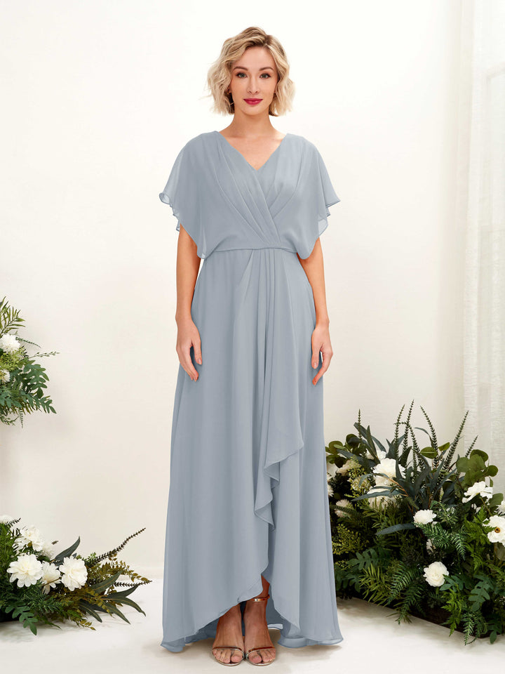 Dusty Blue-Upgrade Bridesmaid Dresses Bridesmaid Dress A-line Chiffon V-neck Full Length Short Sleeves Wedding Party Dress (81222104)
