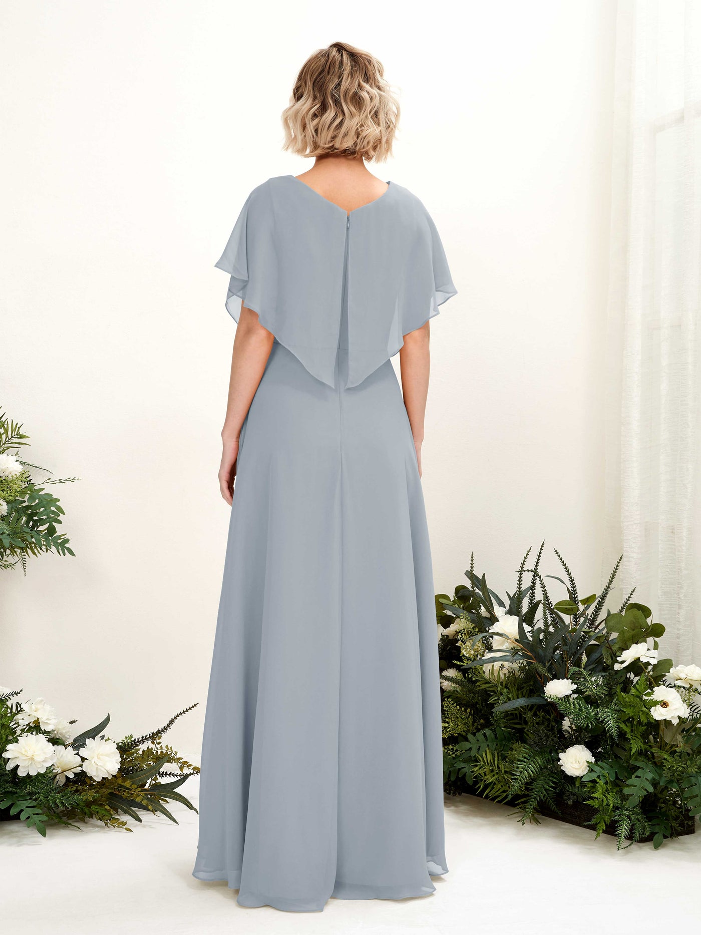 Dusty Blue-Upgrade Bridesmaid Dresses Bridesmaid Dress A-line Chiffon V-neck Full Length Short Sleeves Wedding Party Dress (81222104)#color_dusty-blue-upgrade