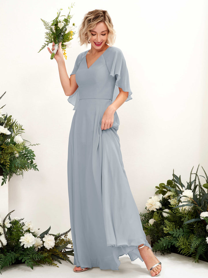 Dusty Blue-Upgrade Bridesmaid Dresses Bridesmaid Dress A-line Chiffon V-neck Full Length Short Sleeves Wedding Party Dress (81224404)