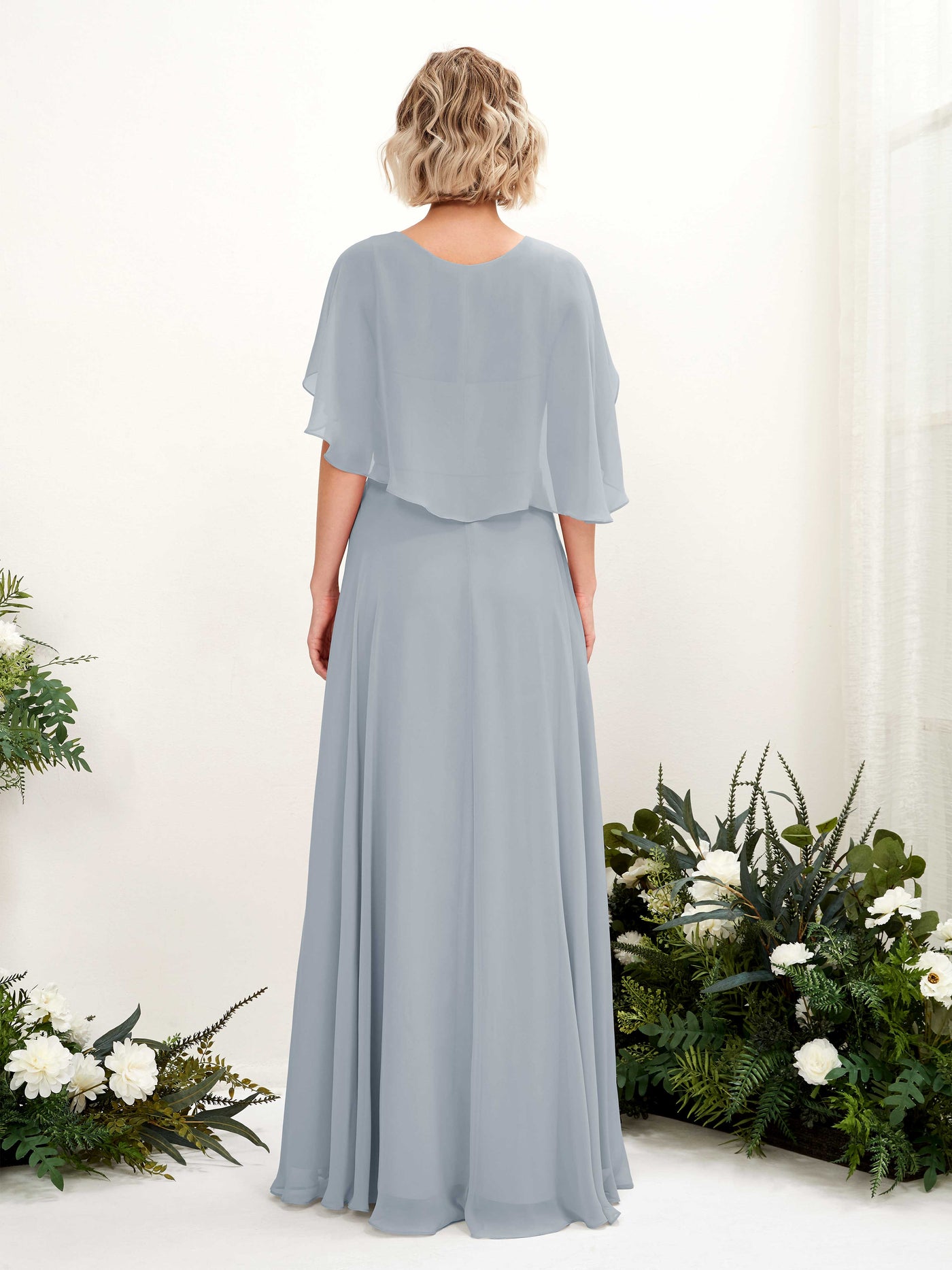 Dusty Blue-Upgrade Bridesmaid Dresses Bridesmaid Dress A-line Chiffon V-neck Full Length Short Sleeves Wedding Party Dress (81224404)#color_dusty-blue-upgrade