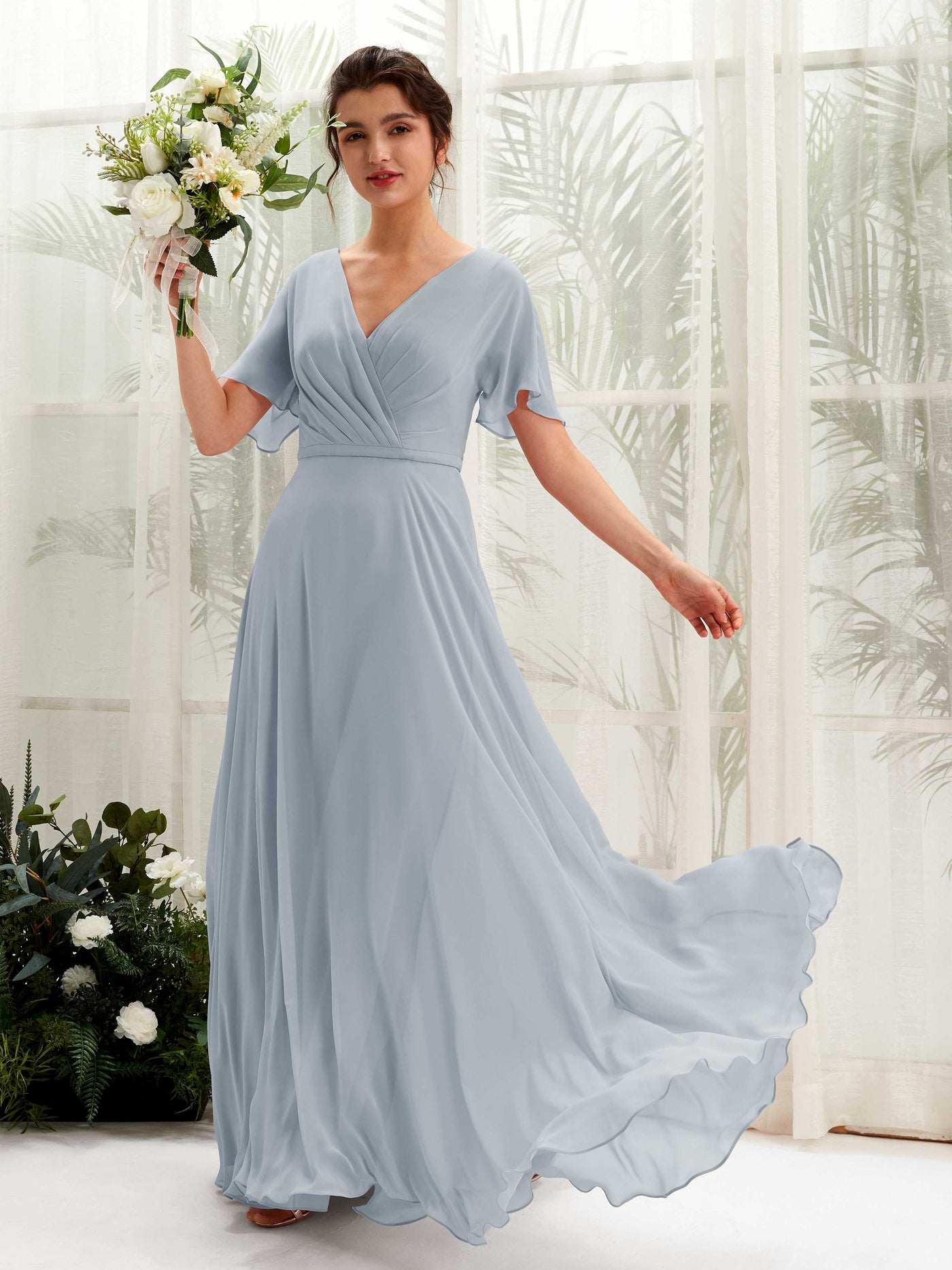 Dusty Blue Chiffon Bridesmaid Dress A-Line Maxi Flutter Sleeve V-Neck | Carlyna Dusty Blue Chiffon Bridesmaid Dress A-Line Maxi Flutter Sleeve V-Neck | Carlyna