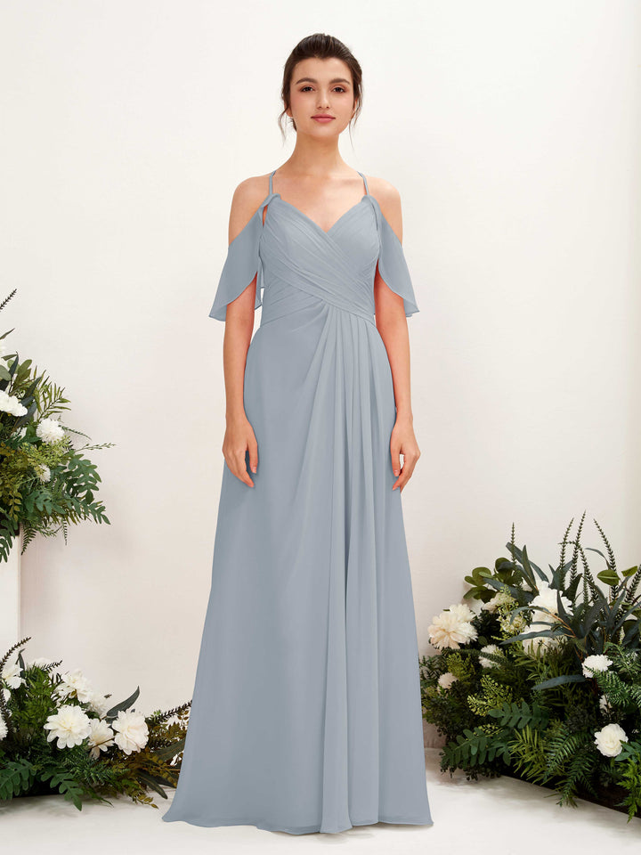 Ball Gown Off Shoulder Spaghetti-straps Chiffon Bridesmaid Dress - Dusty Blue-Upgrade (81221704)